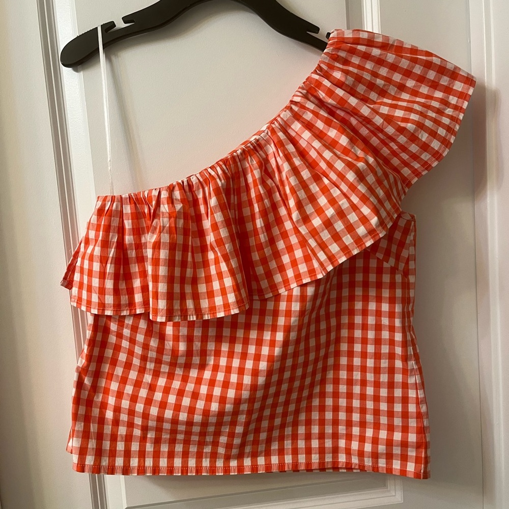 One shoulder gingham J. Crew top with ruffle.